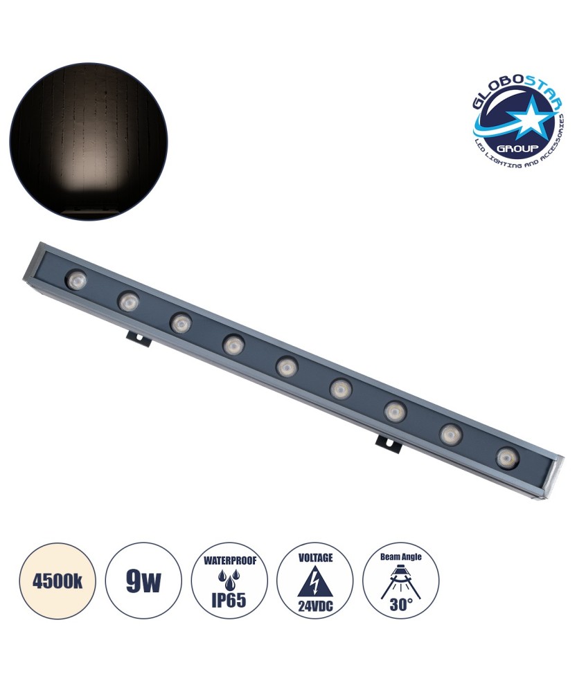GLOBOSTAR® WASHERNAIA 90173 Μπάρα Φωτισμού Wall Washer LED 9W 1035lm 30° DC 24V Αδιάβροχο IP65 Φυσικό Λευκό 4500K Dimmable - Bridgelux SMD Chip - Γκρι Ανθρακί - Μ50 x Π4 x Υ5cm - 3 Χρόνια Εγγύηση